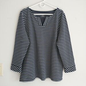 Talbots Tunic Top Women 2XPetite Blue Striped Split Neck Cotton Casual Nautical